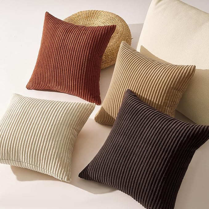Topfinel Beige Brown Throw Pillow Covers Rustic Modern Soft Corduroy Striped - Image 4