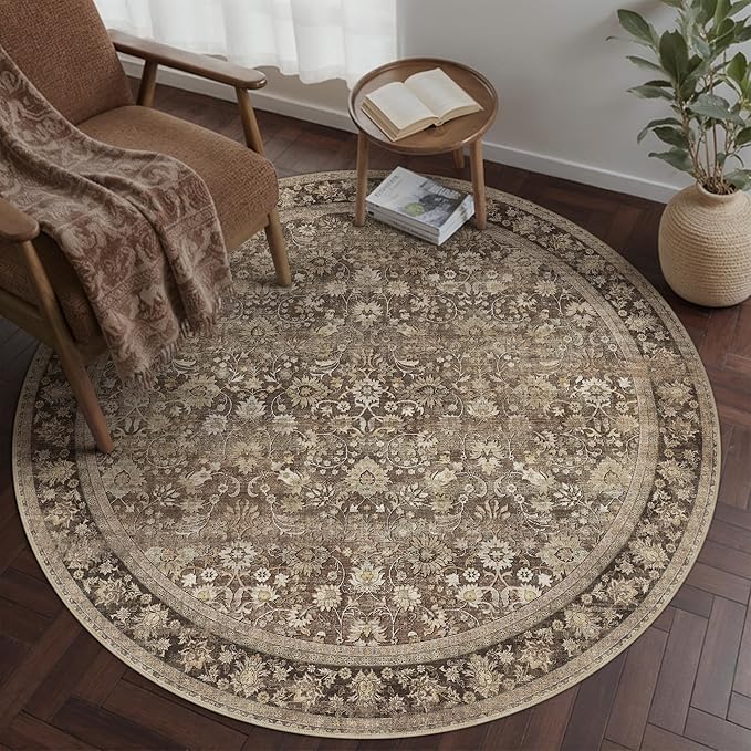 5ft Round Brown Vintage Floral Washable Rug by HUGEAR