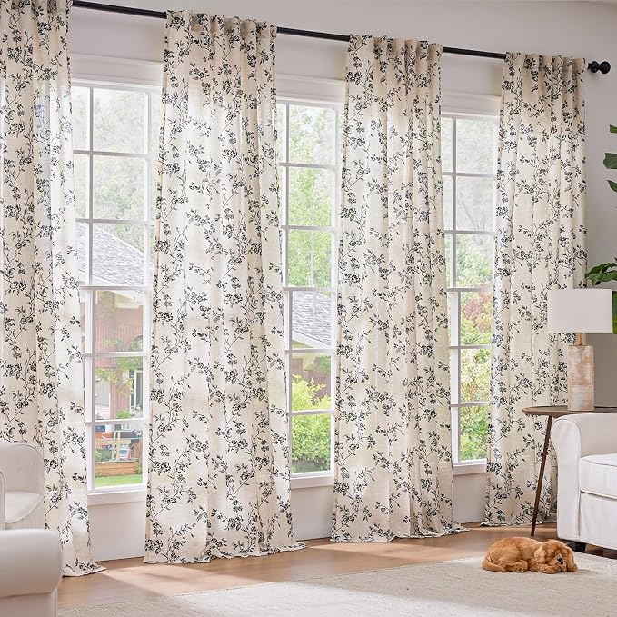 Black Vintage Floral Linen Curtains Farmhouse 50W X 84L 2 Panels | Elisa Series - Image 3