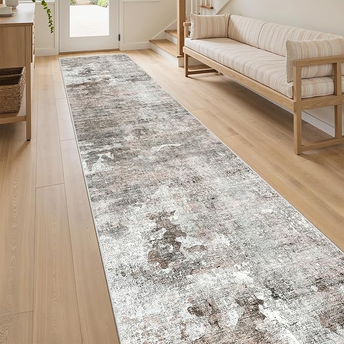 Soalmost Abstract Runner Rug 2x10 Hallway Kitchen Runners Pink/Grey | Vintage - Image 3