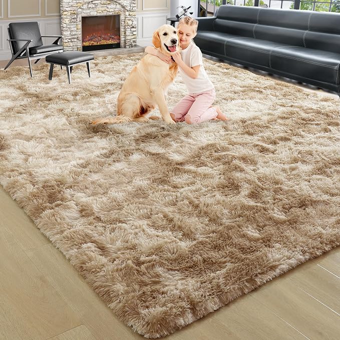 5x7 Tie-Dyed Beige Fluffy Soft Area Rug Non-Slip - Image 9