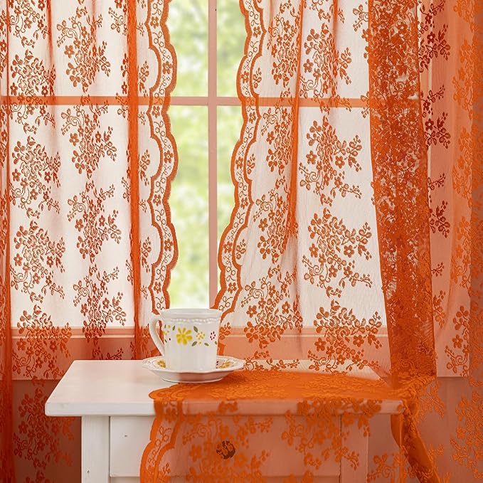 YJ YANJUN Vintage Lace Curtains 102 Inches Long-Rust Retro Floral Burnt Orange - Image 5