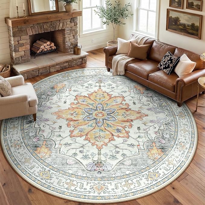 RELEANY Washable Area Rug, Round 8ft, Water Repellent, Pet Friendly, Vintage by RELEANY