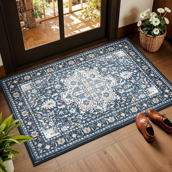 Rugflix 2x3 Entrance Rugs, Washable Navy Blue Entry Small Rug | Machine by RugflixAreaRugs