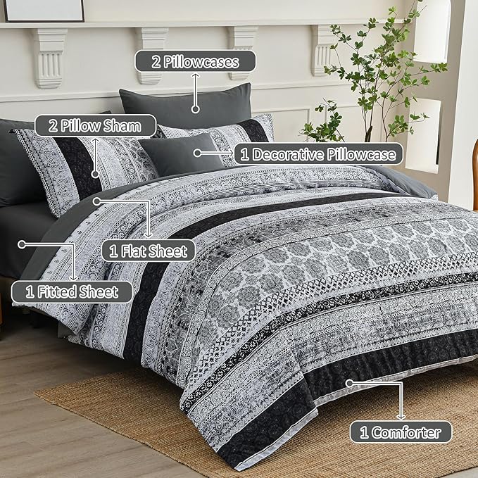 Boho King Size Comforter Set 8 Pieces,Gray Bohemian Striped Bed in a Bag,Floral Soft Microfiber Bedding Comforter Set