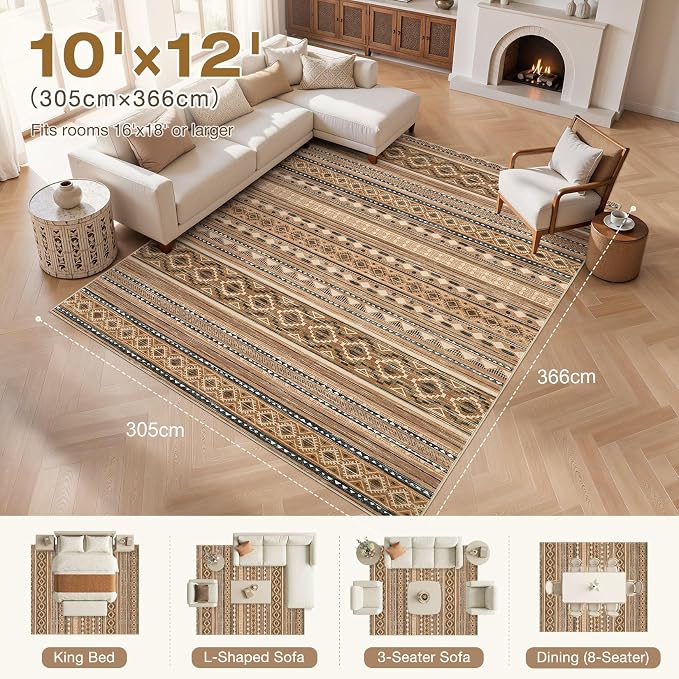cotiled 10x12 Area Rugs Washable Boho Living Room Rug Brown/Beige | Stain - Image 8