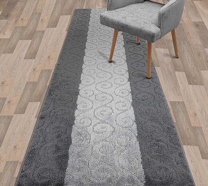Custom Size Modern Runner Rug Carpet for Hallway Entryway Foyer Kitchen, Slip Resistant Latex Rubber Backed 31 inch Wide X Customized Length, Scroll Grey, 31 inch X 7 feet