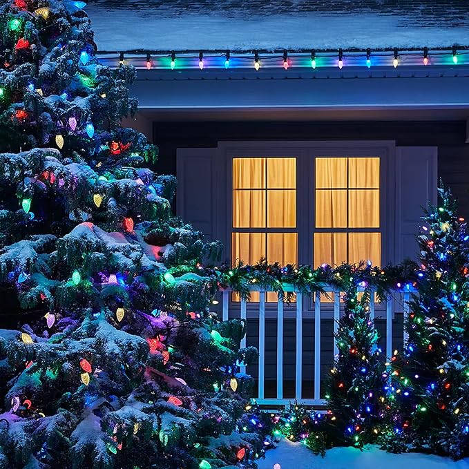 Dazzle Bright C9 Christmas String Lights, Waterproof Connectable Green Wire Fairy Lights, Christmas Lights for Indoor Outdoor Home Yard Xmas Tree House Decorations (Multi-Colored, 50 LED)