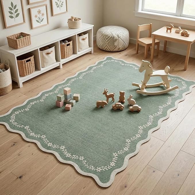 GarveeHome 4x6 Scalloped Washable Area Rug Sage Green Nursery Bedroom Rug | - Image 3