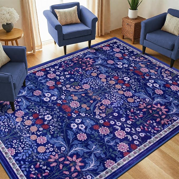 PLHXFR 6x9 Area Rug Living Room: Floral Washable Boho Soft Carpet Blue | - Image 2