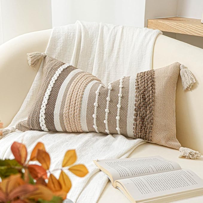 Decorative Lumbar Throw Pillow Cover 14x24 Boho Brown Accent Cushion by BlissBlush