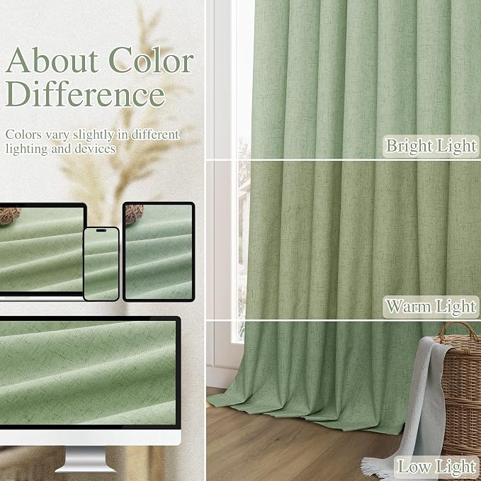 Light Sage 100% Blackout Linen Curtains 108 Inch Length 2 Panels Set - Image 7