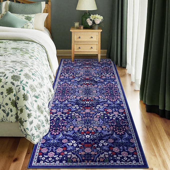 PLHXFR 2.6x8 Washable Runner Rug：Floral Indoor Kitchen Soft Carpet Blue | - Image 2