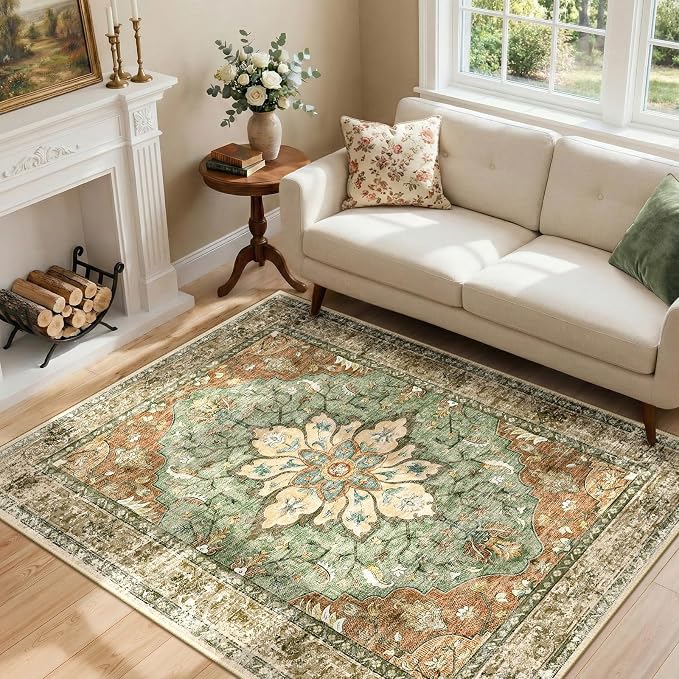 RELEANY Washable Area Rug, Brick/Brown/Green | Non-Slip, Water Repellent - Image 2