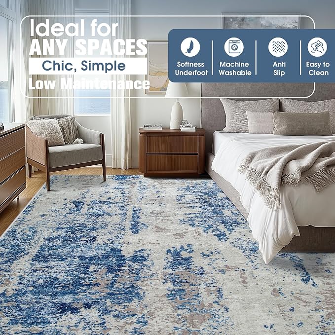 10x14 Area Rugs for Living Room Washable Dining Room Blue Grey White | Modern - Image 2