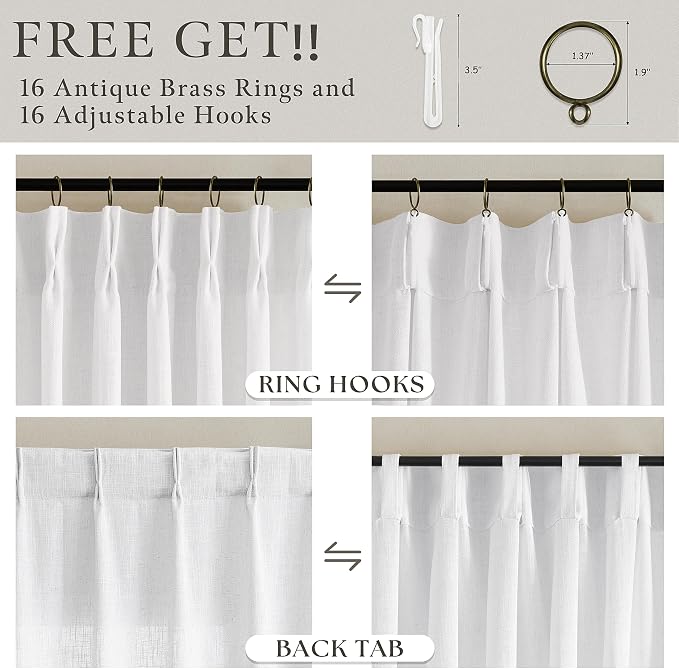 84 Inches Pinch Pleated White Linen Light Filtering Boho Curtains 2 Panels | - Image 4