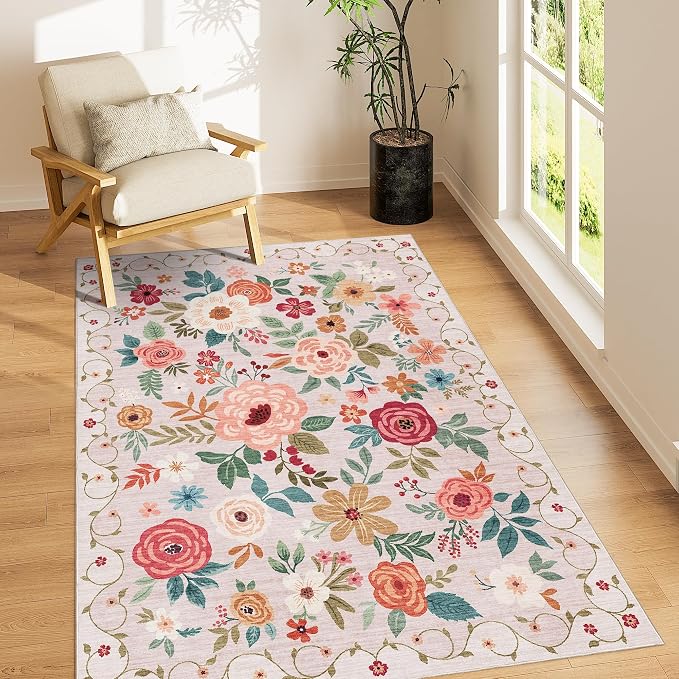 DUKINO 3x5 Area Rug, Floral Washable Rug by DUKINO