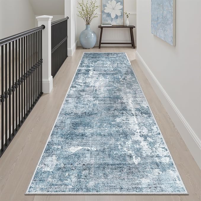 Soalmost Runner Rug 2'6"x8' Kitchen Hallway Runners Abstract Blue/Grey | - Image 3