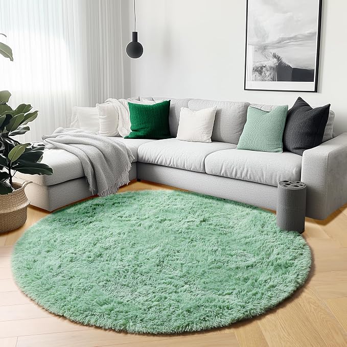 Sage Green Round Area Rugs 5ft, Fluffy Soft Bedroom Circle Rug - Image 6