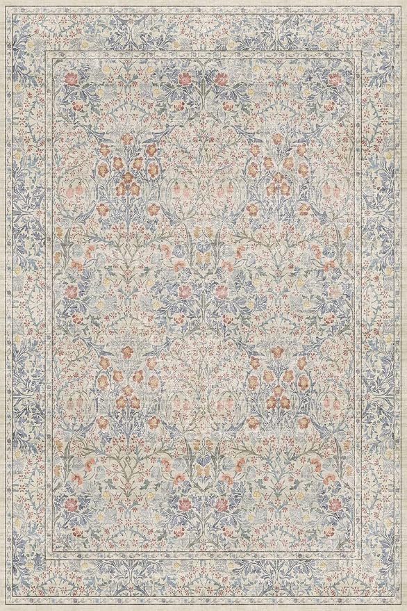 Vintage Washable Beige Blue Area Rugs - Image 2