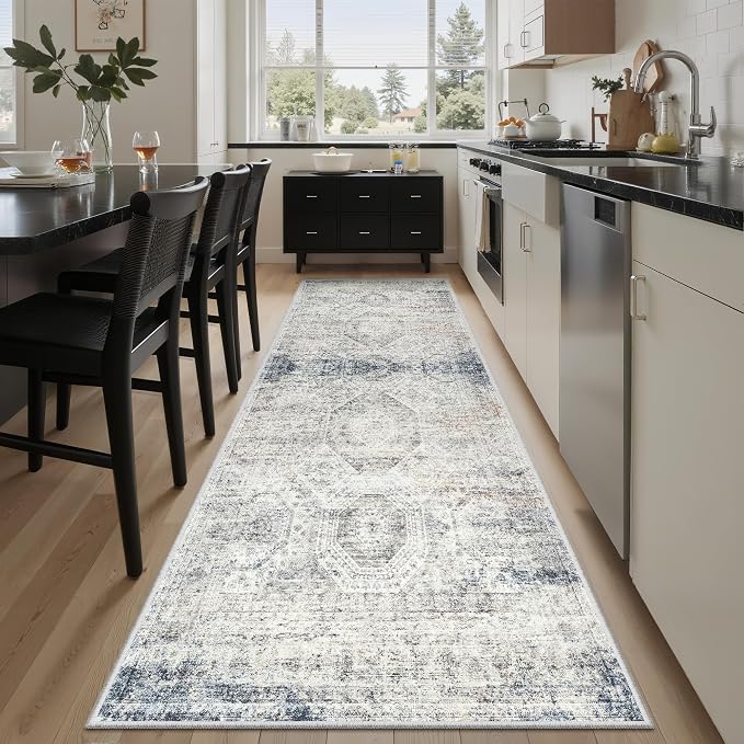 Soalmost Washable Runner Rug 2'6"x8' Kitchen Hallway Runners Blue/Ivory | Soft - Image 2