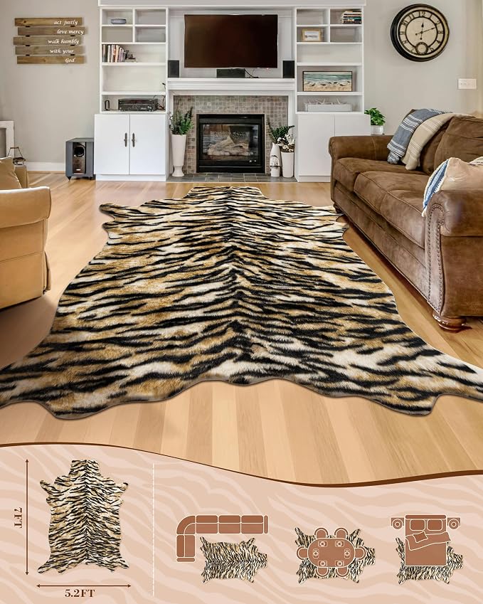 Tiger Print Rug, Animal Rug 5.2x7 Faux Animal Print Tiger Area Rug - Image 5