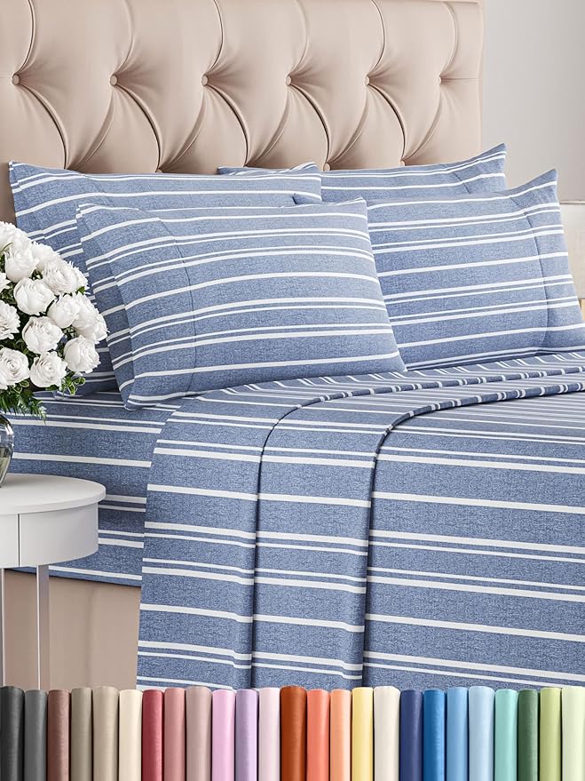 Full 6 Piece Sheet Set - Comfy Breathable & Cooling - Soft Hotel Luxury Bedding Set with 8-16 Inch Deep Pockets - 1 Flat & 1 Fitted Sheet & 4 Pillowcases - Wrinkle Free & Easy Care - Blue Stripes 3