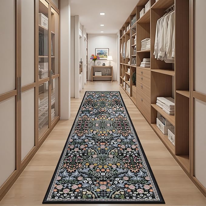 PLHXFR 2.6x10 Washable Runner Rug：Floral Indoor Kitchen Carpet Dark Black | - Image 5