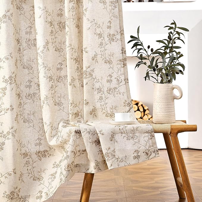 Taupe Vintage Floral Linen Curtains Farmhouse 50W X 90L 2 Panels | Elisa Series - Image 8