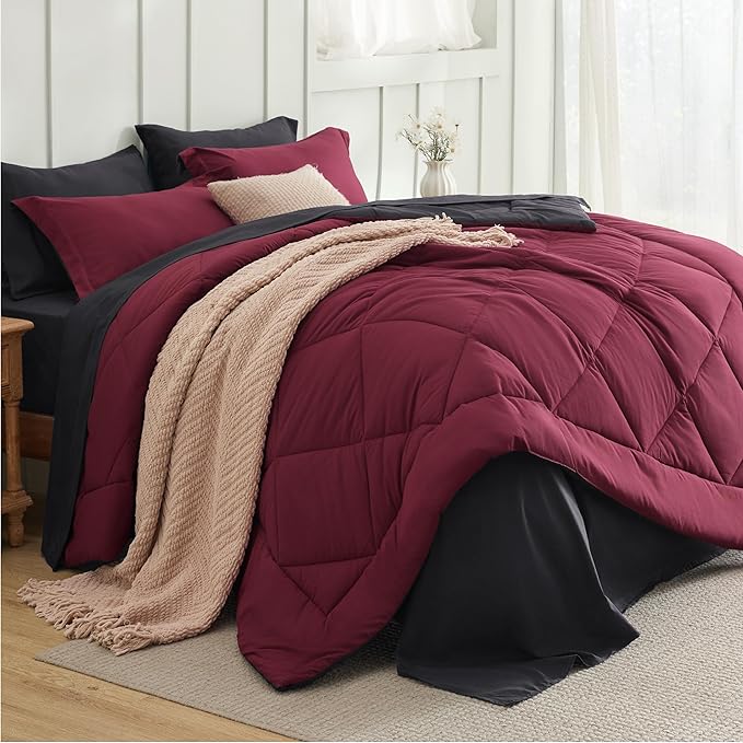 Bedsure Queen Comforter Set - 7 Pieces Reversible Burgundy and Black Bedding, Queen Size Bed Set for All Seasons, Bed in a Bag with Down Alternative Comforter, Sheets, Pillowcases & Shams