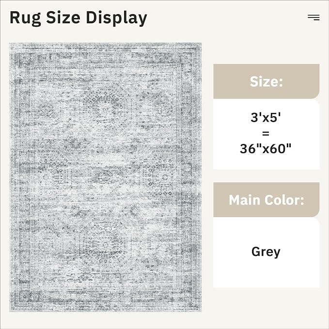 Soalmost 3x5 Rugs Non-Slip, Small Washable Kitchen Entryway Area Rug Grey | - Image 4