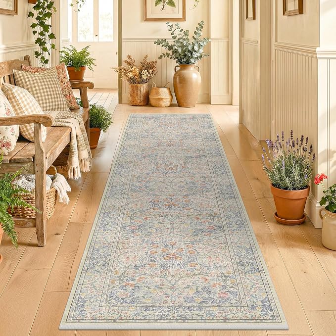 Vintage Beige Blue 2'6" x 8' Runner Rug by HazoHaus