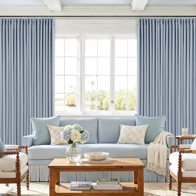 Blue Linen Blackout Pleated 86 Inch Curtains - Image 3