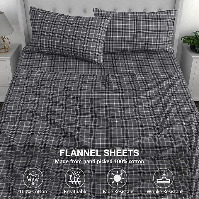 RUVANTI Flannel Sheets King Size - 100% Cotton Brushed King Size Sheets Set - Deep Pockets 16 Inches Bed Sheets - All Seasons Breathable & Extra Soft - Warm & Cozy, 4 Piece, Grey Plaid