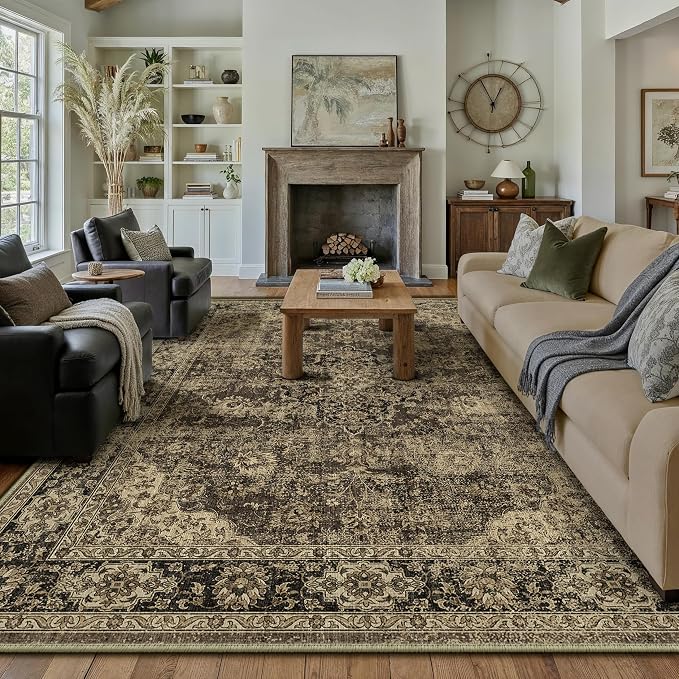 8x10 Brown Retro Floral Washable Area Rug - Image 3