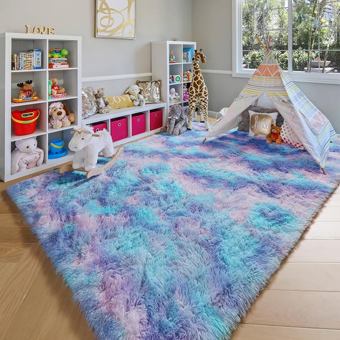 Fluffy Area Rugs for Girls Bedroom, 4x6 Purple Rainbow Bedside Rug, Indoor Cute - Image 5