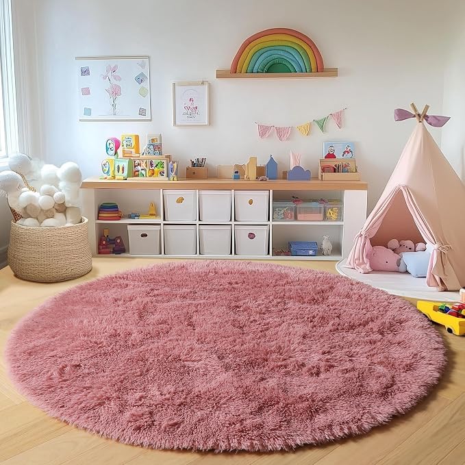 Blush Round Area Rugs 4ft for Bedroom Living Room, Fluffy Circle Rug for Kids - Image 4