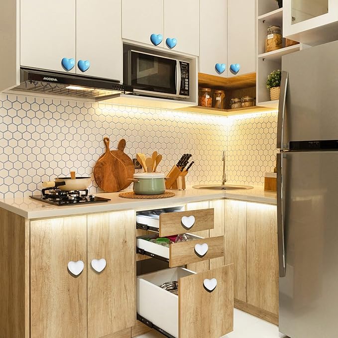 Ceramic Drawer Knobs Heart Shape Cabinet Dresser Pulls Handles with 3 Sized Screws, Kitchen Furniture Knobs for Closet Cupboard Wardrobe (6 Pack, White)