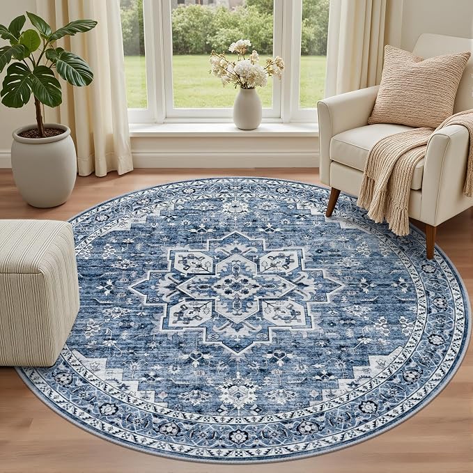 Round Area Rug for Living Room: 8ft Washable Rug for Bedroom Blue | Vintage - Image 2
