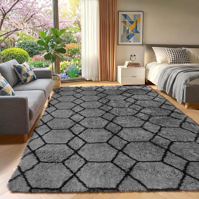 8x10 Area Rugs for Living Room, Fluffy Grey and Black Bedroom Geometric Rug | - Image 6
