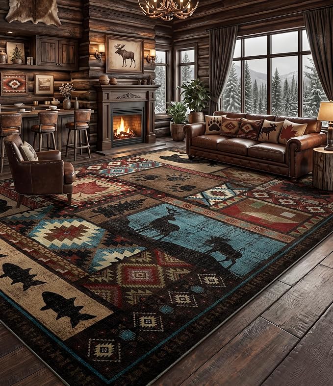 Rustic Cabin Rugs for Living Room 10x14, Wildlife Bear & Deer Area Rug - Image 4