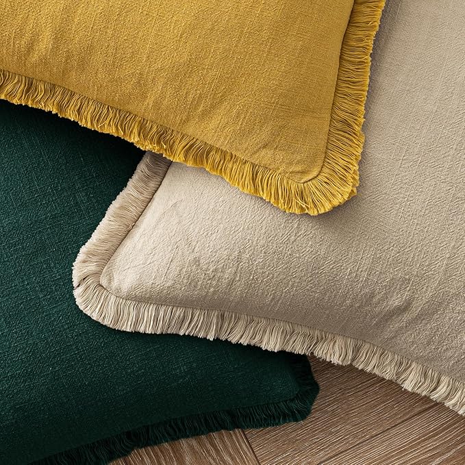 MIULEE Boho Linen Fringe Decorative Throw Pillow Covers Beige 18x18 | Set of 2 - Image 4