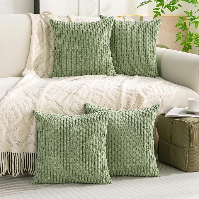 Set of 4 Sage Green Decorative Throw Pillow Covers 16x16 Inch Corduroy Pillow - Image 9