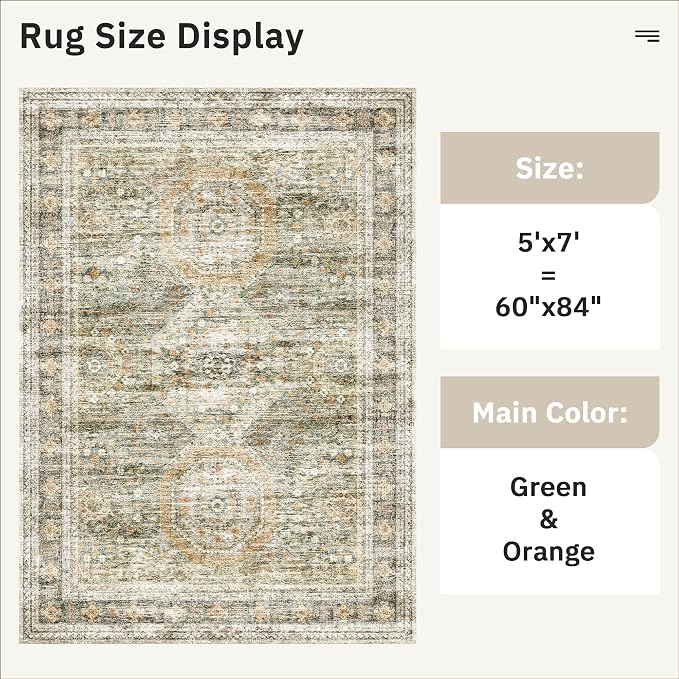 Soalmost 5x7 Area Rug Green/Orange Low Pile Washable Trendy Faded Style Rug | - Image 5