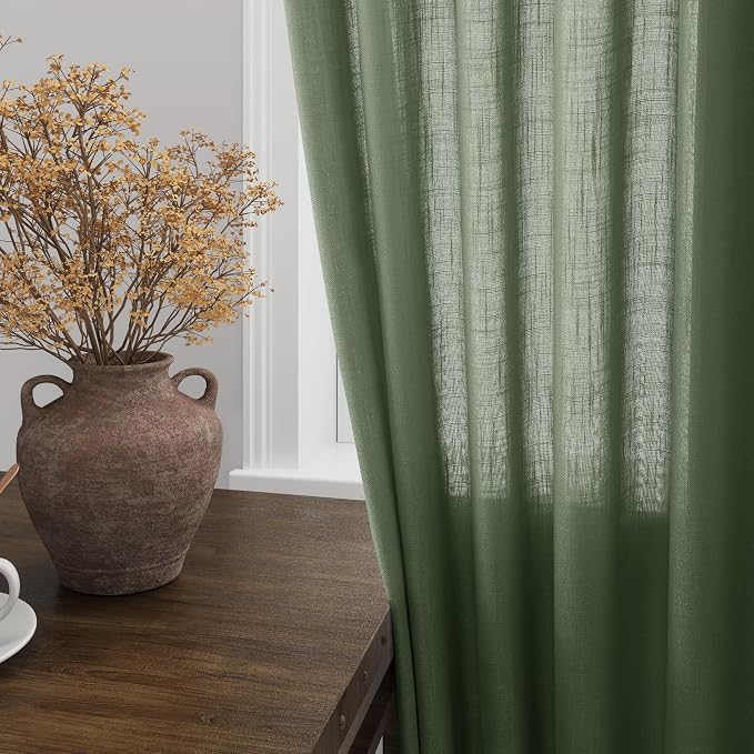 Olive Green Linen Blend Drapes 84 Inch Length 2 Panels Set Back Tab Rod Pocket - Image 2
