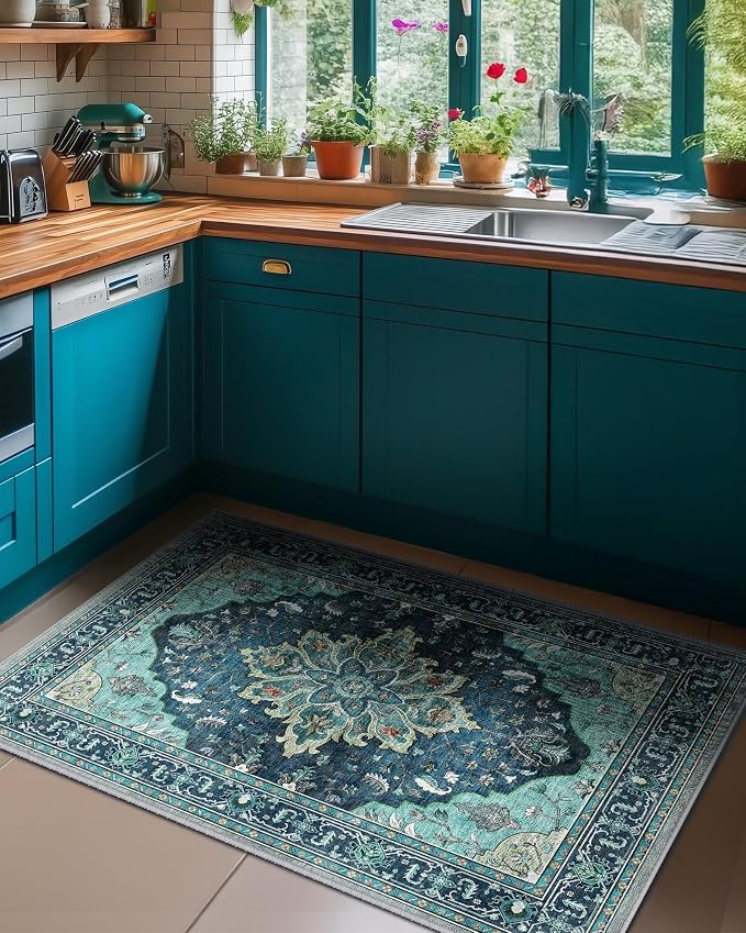 RELEANY Washable Area Rug, Teal | Non-Slip, Water Repellent, Pet Friendly - Image 2