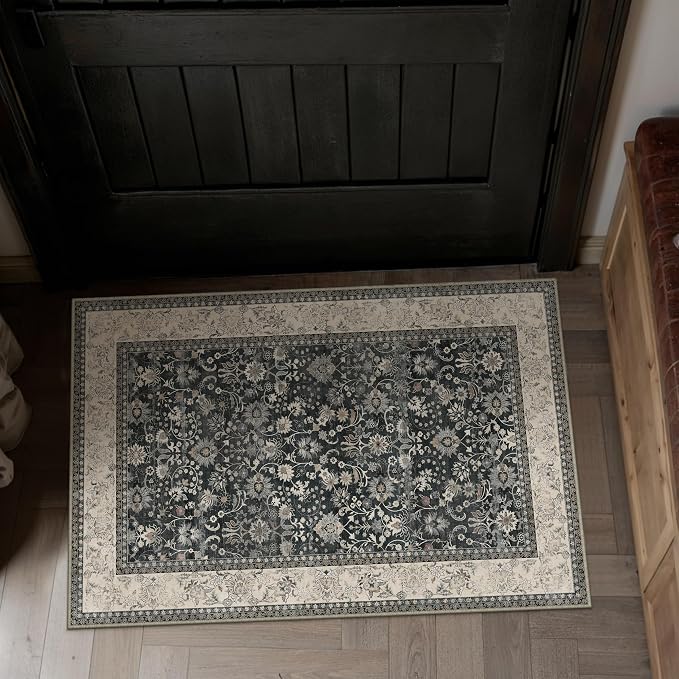 2x3 Black Beige Vintage Floral Washable Area Rug - Image 3