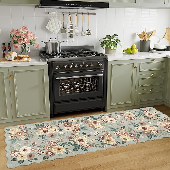 DUKINO 2.6x8 Runner Rug, Floral Washable Kitchens Rug Non Slip, Sage Green | - Image 5