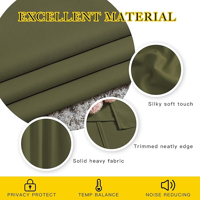 NICETOWN Room Darkening Curtains for Living Room - Easy Care Solid Thermal Insulated Grommet Room Darkening Curtains/Drapes for Bedroom (2 Panels, 66 by 90, Olive)