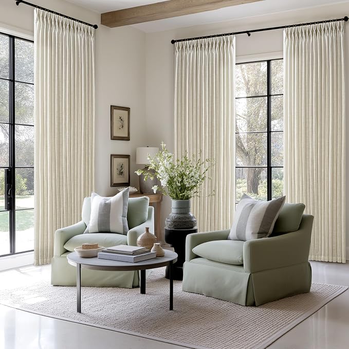 126 Inch Semi Sheer Linen Pinch Pleated Extra Long Curtains Beige Light Tan | - Image 7